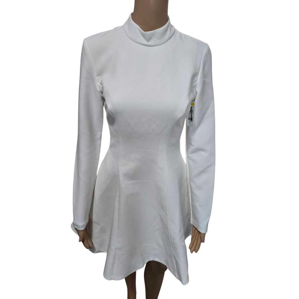 Bardot XS white high neck fit and flare fitted long sleeve pleated dress